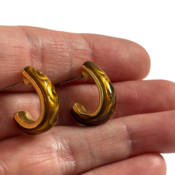 Half Hoop Earrings Brown Swirl Design Gold Tone Pierced Retro Style - Picture 5 of 9